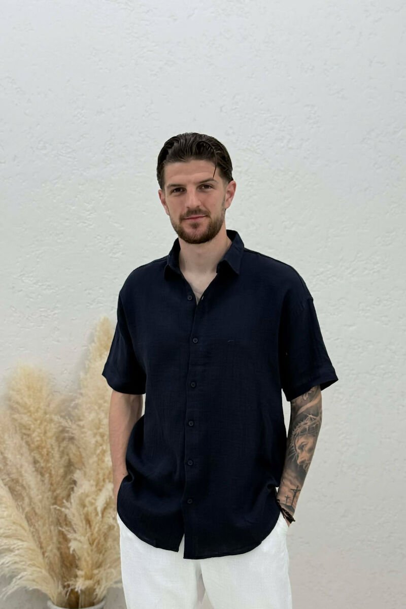 SIMPLE SHORT SLEEVE MEN SHIRT DARK BLUE/BEE - 1