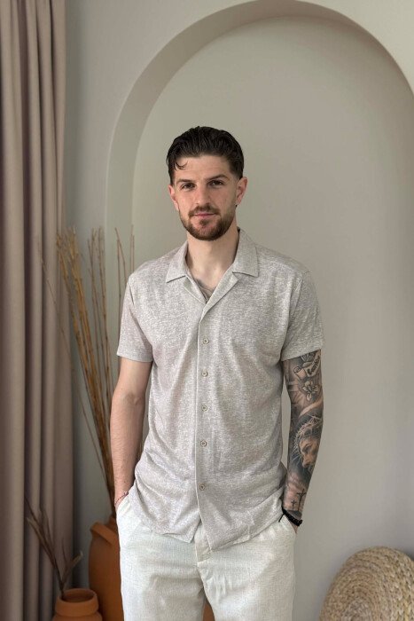 SIMPLE SHORT SLEEVE MEN SHIRT LIGHT BEIGE/BZHZB - KLAUDIO FASHION