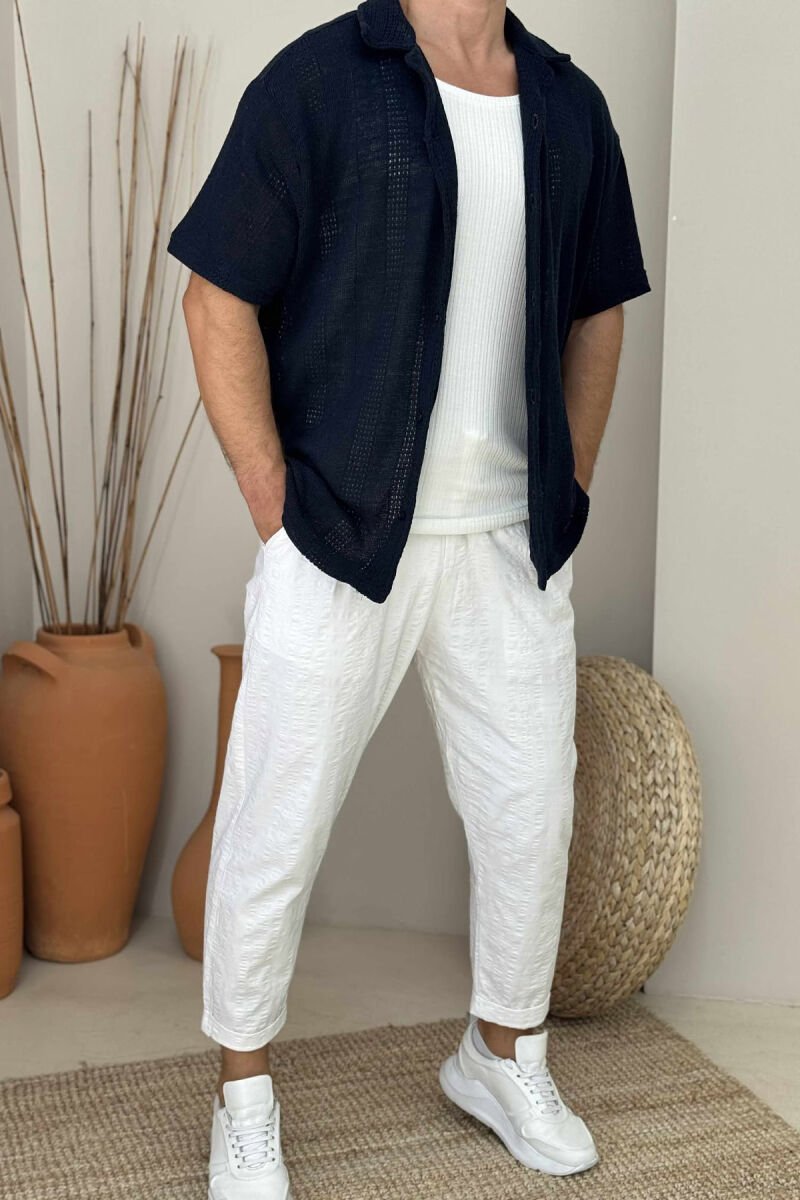 SIMPLE SHORT SLEEVES MEN SHIRT DARK BLUE/BEE - 1