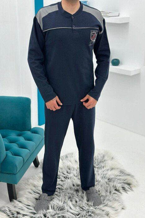 SIMPLE SMALL LOGO SWEATSHIRT+SWEATPANTS MEN PYJAMAS DARK BLUE/BEE - KLAUDIO FASHION
