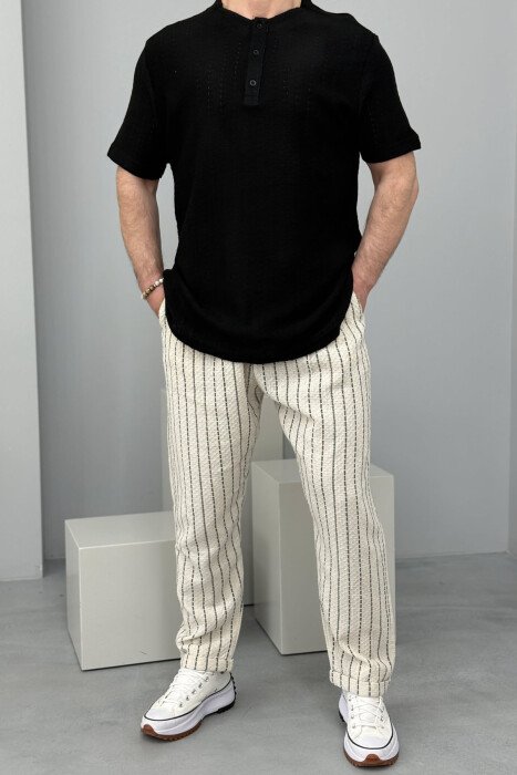 PANTALLONA TË THJESHTA ME VIJA PËR MESHKUJ NË NGJYRËN E ZEZË+KREM - KLAUDIO FASHION