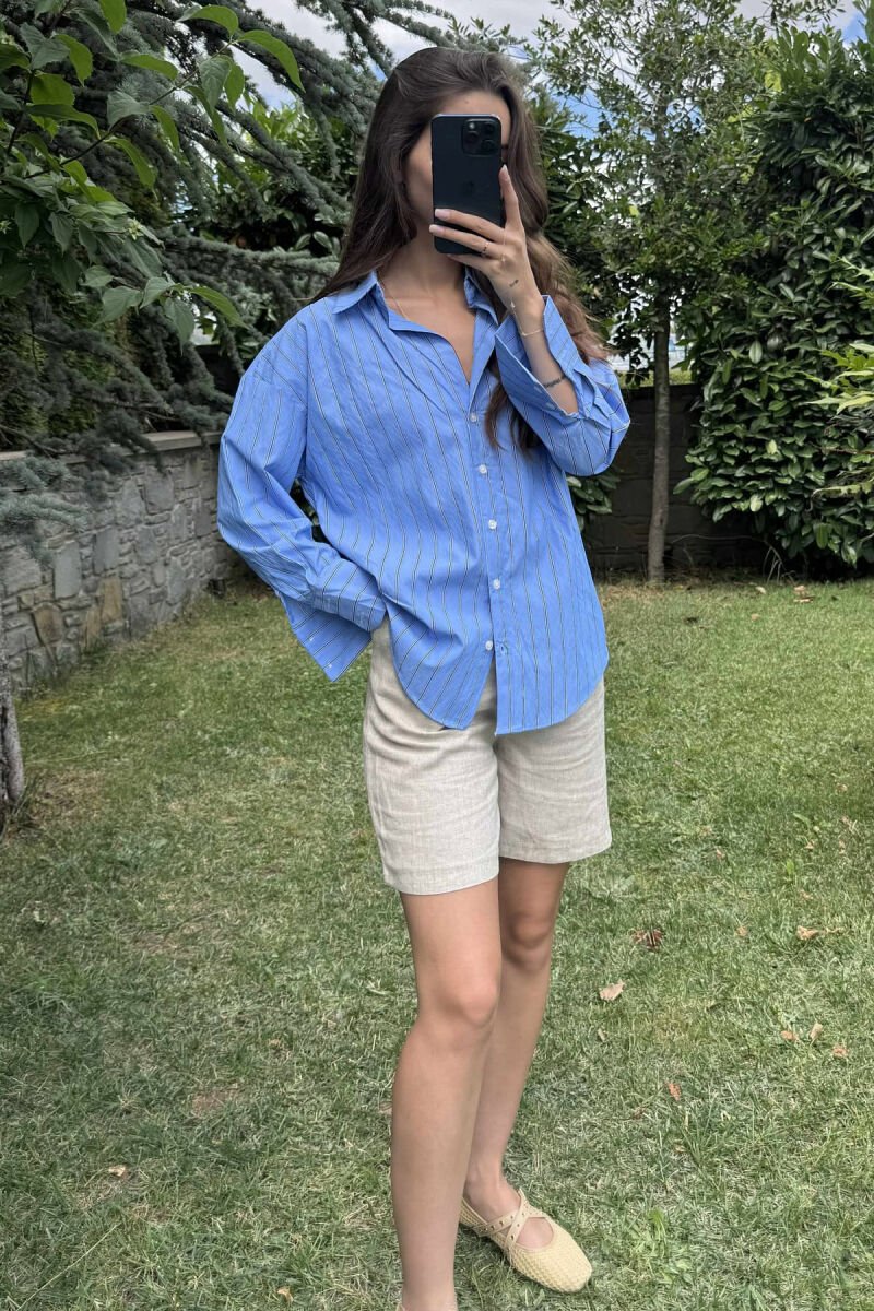 SIMPLE STRIPE DESIGN LONE SLEEVE WOMEN SHIRT BLUE/BLU - 5