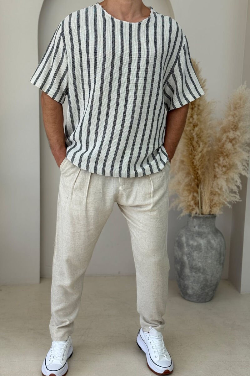 SIMPLE STRIPED MEN T-SHIRT CREAM+BLACK/KREM+ZEZE - 1