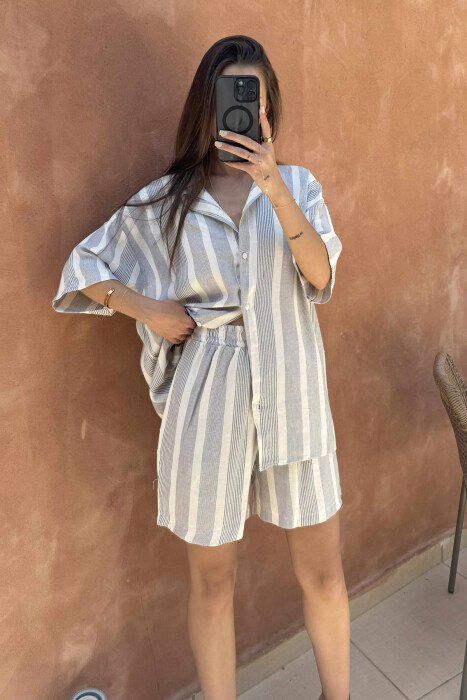 SIMPLE STRIPES SHORTS+SHIRT WOMEN SET CREAM-LIGHTBLUE/KRBZ - KLAUDIO FASHION