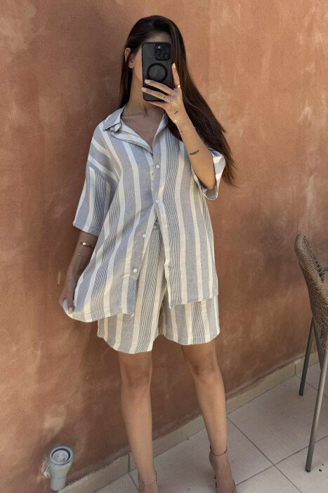 SIMPLE STRIPES SHORTS+SHIRT WOMEN SET CREAM-LIGHTBLUE/KRBZ - 2