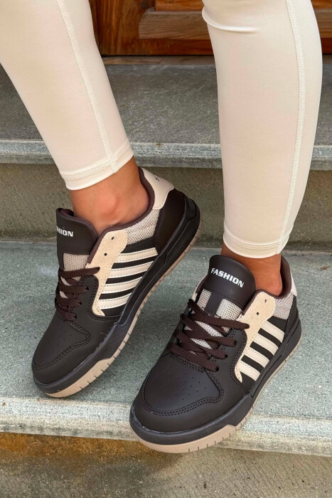 SIMPLE STRIPES WOMEN SNEAKERS DARK BROWN/KAFE ERRET - KLAUDIO FASHION