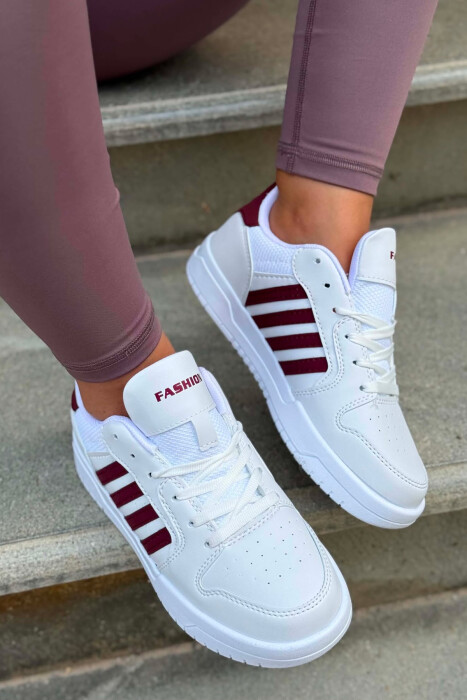 SIMPLE STRIPES WOMEN SNEAKERS WHITE-BURGUNDY/BAVI - KLAUDIO FASHION