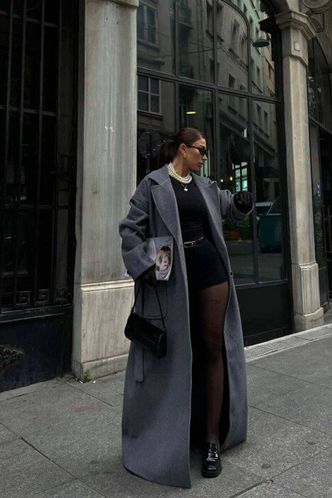 SIMPLE TEXTURED WOMEN COAT GREY/GRI - KLAUDIO FASHION