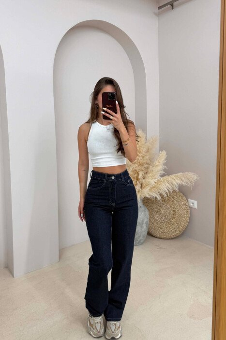 SIMPLE WIDE LEG WOMAN JEANS DARK BLUE/BEE - 2