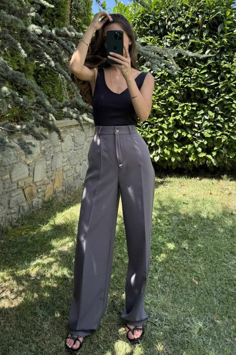 ONE COLOR SIMPLE WOMEN TROUSERS DARK GREY/GEE - KLAUDIO FASHION