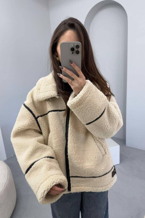 SIMPLE WOMEN FLUFFY JACKET BEIGE/BEZHE - KLAUDIO FASHION
