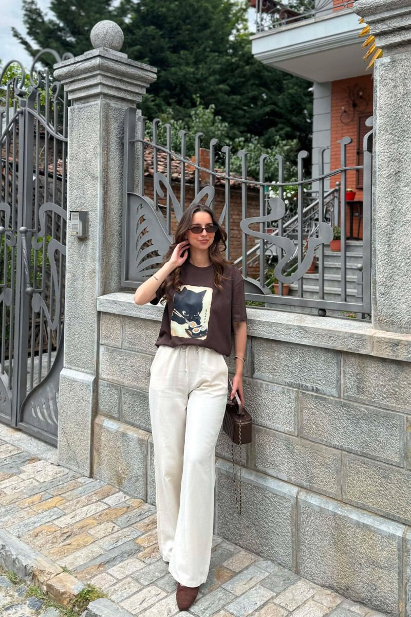 SIMPLE ONE COLOR WOMEN TROUSERS CREAM/KREM - 1