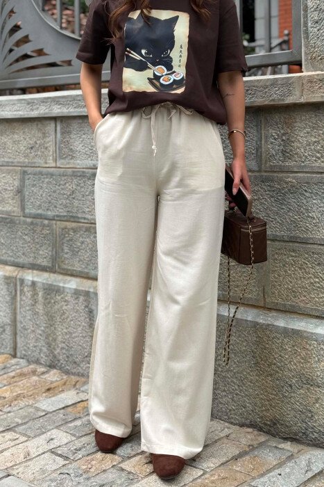 SIMPLE ONE COLOR WOMEN TROUSERS CREAM/KREM - 2