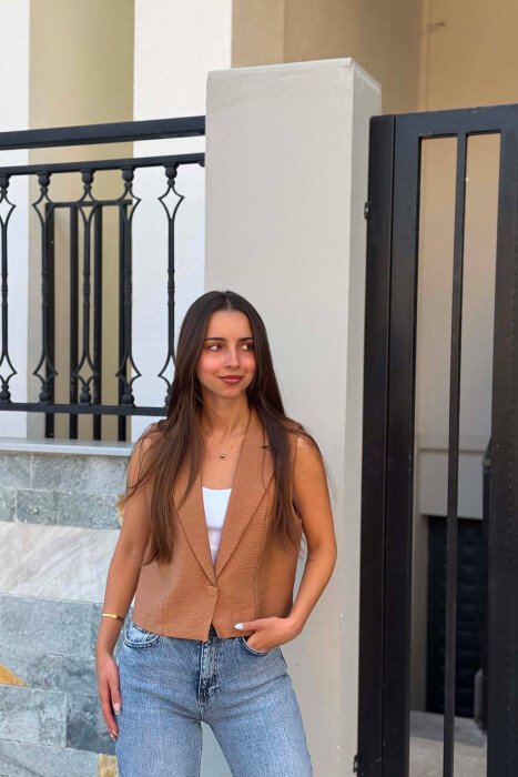 SINGLE BUTTON ONE COLOR WOMEN VEST BROWN/KAFE - KLAUDIO FASHION