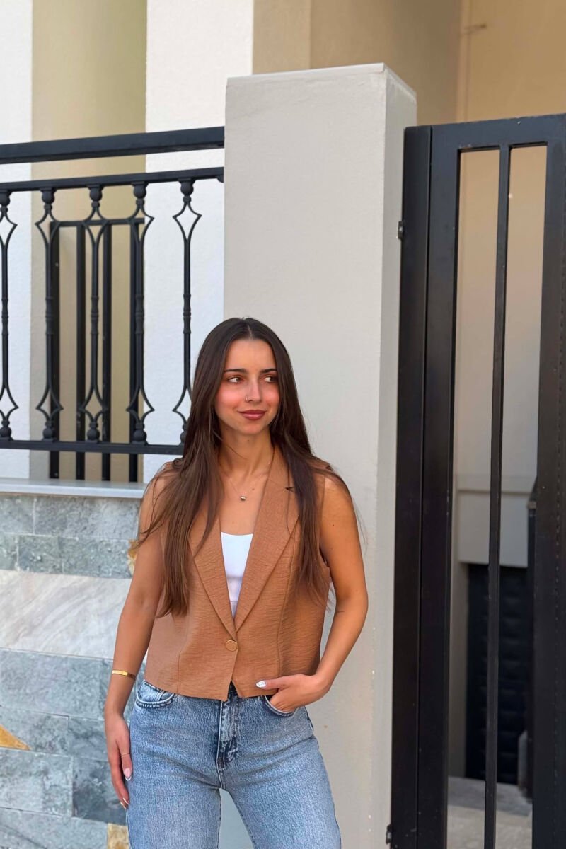 SINGLE BUTTON ONE COLOR WOMEN VEST BROWN/KAFE - 1