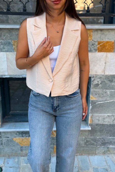 SINGLE BUTTON ONE COLOR WOMEN VEST CREAM/KREM - 4