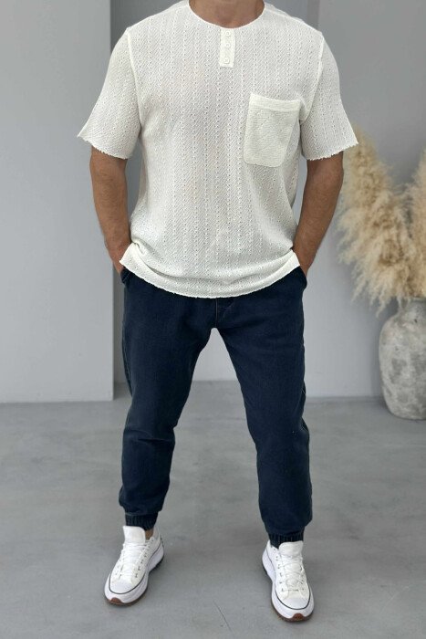 SINGLE POCKET BUTTONED MEN T-SHIRT CREAM/KREM - KLAUDIO FASHION