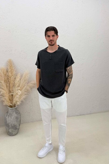 SINGLE POCKET BUTTONED MEN T-SHIRT DARK GREY/GEE - 3