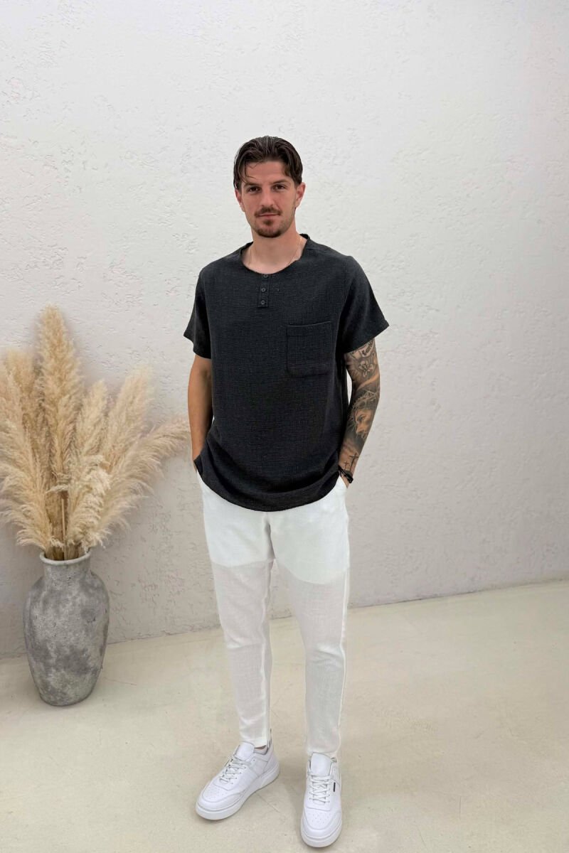 SINGLE POCKET BUTTONED MEN T-SHIRT DARK GREY/GEE - 3