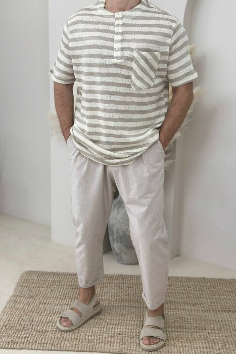 SINGLE POCKET BUTTONS STRIPED MEN T-SHIRT BEIGE/BEZHE - KLAUDIO FASHION