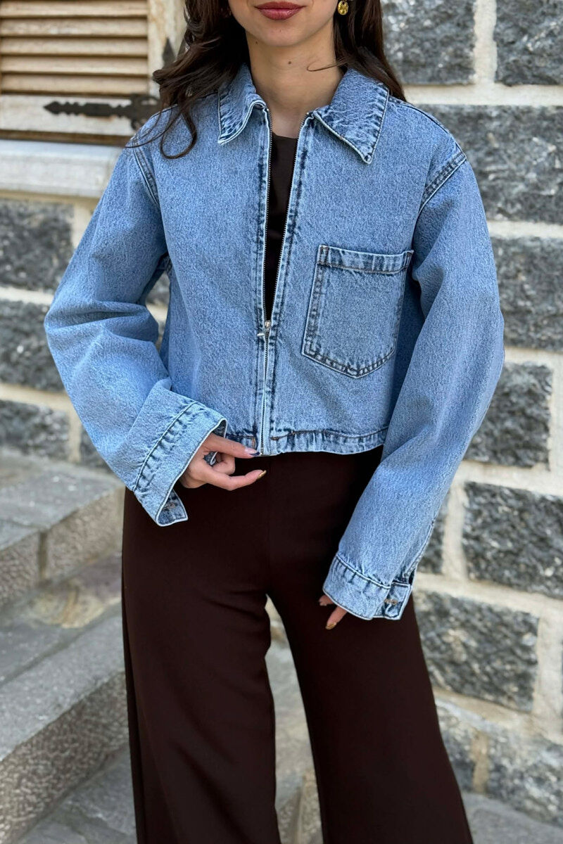 SINGLE POCKET DENIM ZIPPER WOMEN JACKET BLUE/BLU - 4