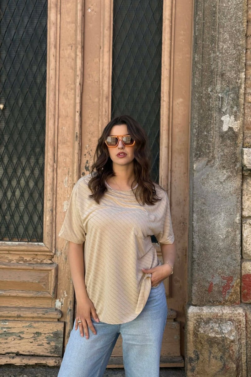 SINGLE POCKET DESIGN WOMEN T-SHIRT BEIGE/BEZHE - 1