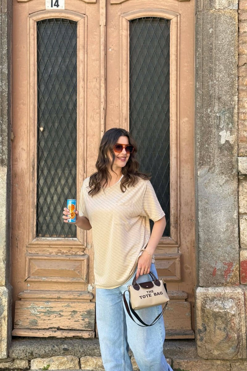 SINGLE POCKET DESIGN WOMEN T-SHIRT BEIGE/BEZHE - 5
