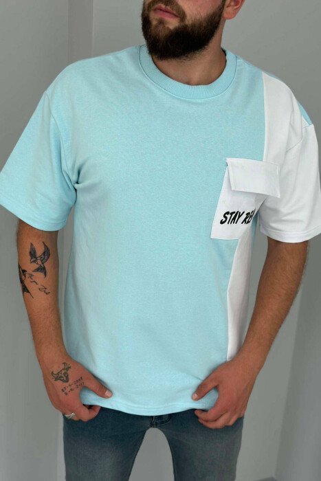SINGLE POCKET DETAIL MEN T-SHIRT LIGHTBLUE/BZ - KLAUDIO FASHION