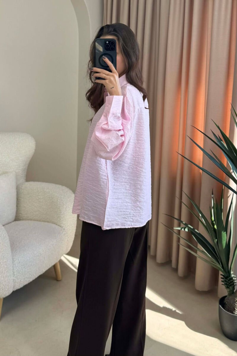 SINGLE POCKET DETAIL ONE COLOR WOMEN SHIRT BABY PINK/ROZB - 2