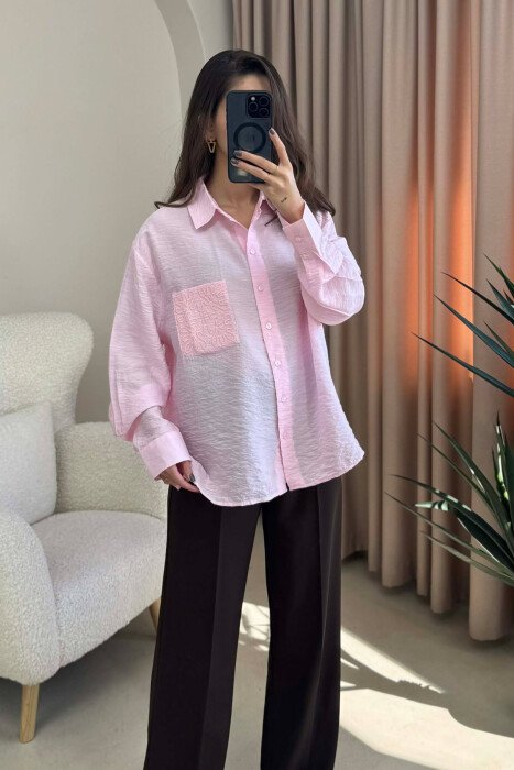 SINGLE POCKET DETAIL ONE COLOR WOMEN SHIRT BABY PINK/ROZB - 3