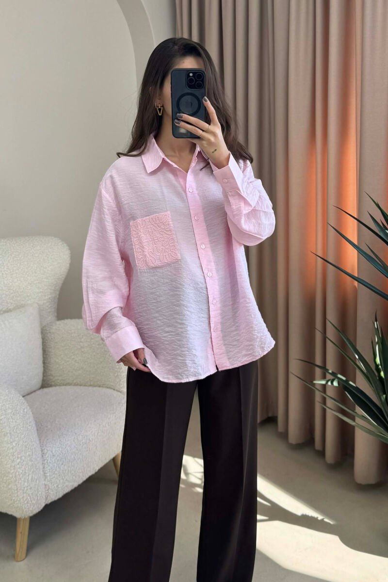 SINGLE POCKET DETAIL ONE COLOR WOMEN SHIRT BABY PINK/ROZB - 3