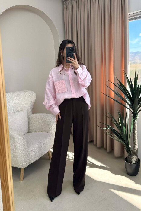 SINGLE POCKET DETAIL ONE COLOR WOMEN SHIRT BABY PINK/ROZB - 4