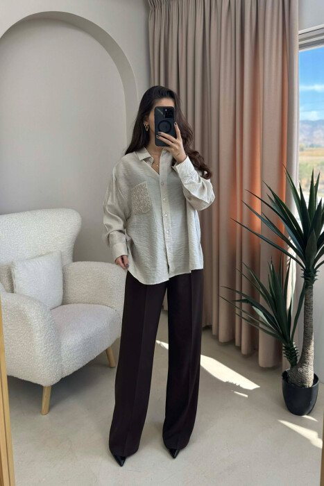 SINGLE POCKET DETAIL ONE COLOR WOMEN SHIRT BEIGE/BEZHE - 1