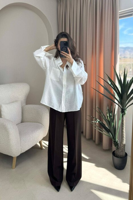 SINGLE POCKET DETAIL ONE COLOR WOMEN SHIRT WHITE-E BARDHE 
