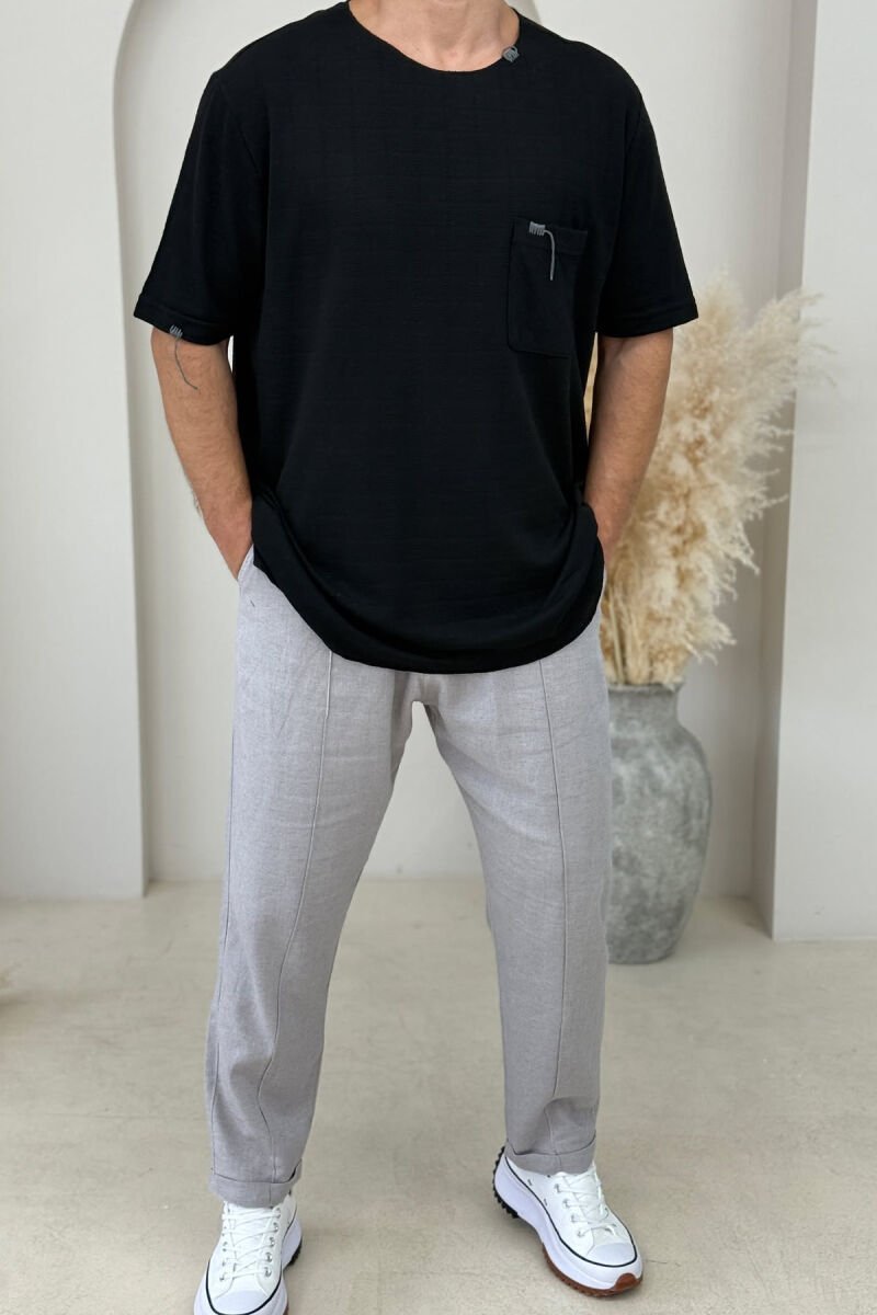 SINGLE POCKET DETAIL ROUND NECK MEN T-SHIRT BLACK/ E ZEZE - 1