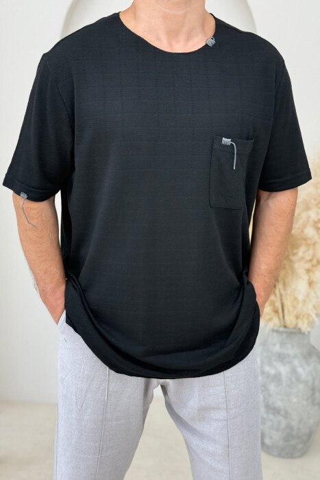 SINGLE POCKET DETAIL ROUND NECK MEN T-SHIRT BLACK/ E ZEZE - 3