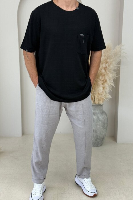SINGLE POCKET DETAIL ROUND NECK MEN T-SHIRT BLACK/ E ZEZE - KLAUDIO FASHION