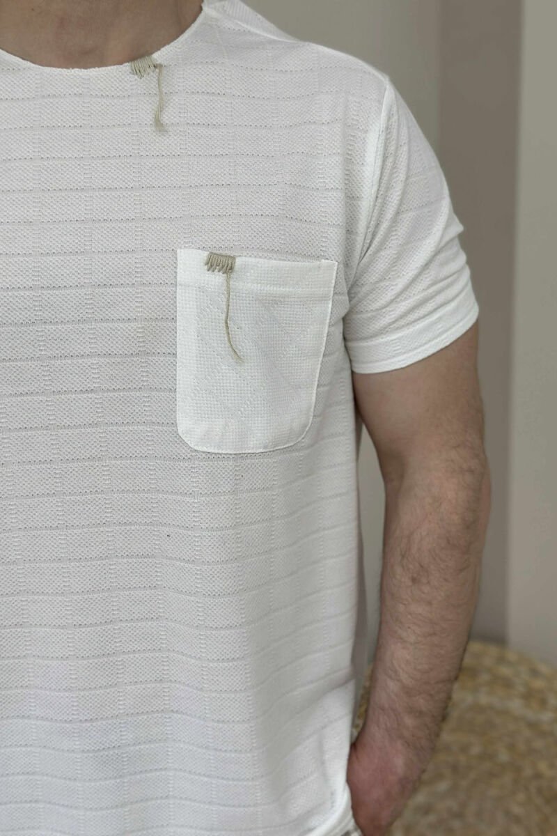 SINGLE POCKET DETAIL ROUND NECK MEN T-SHIRT WHITE-E BARDHE - 3