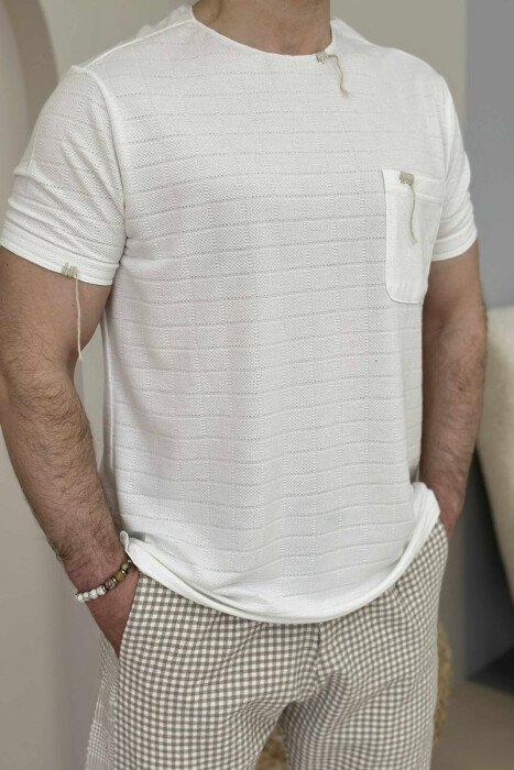 SINGLE POCKET DETAIL ROUND NECK MEN T-SHIRT WHITE-E BARDHE - 4