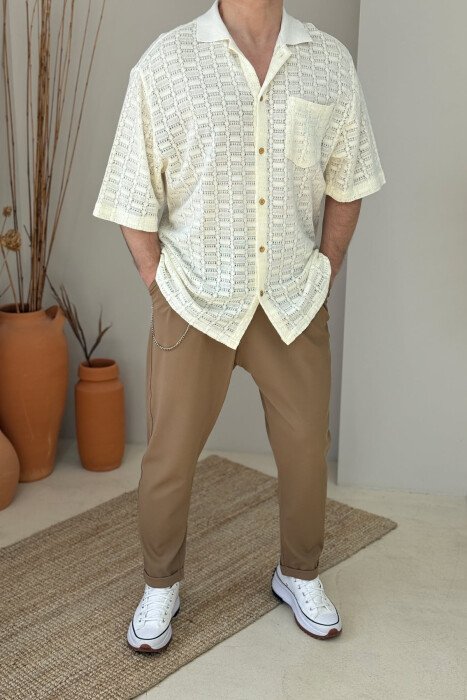 SINGLE POCKET DETAIL SHORT SLEEVES MEN SHIRT CREAM/KREM - KLAUDIO FASHION