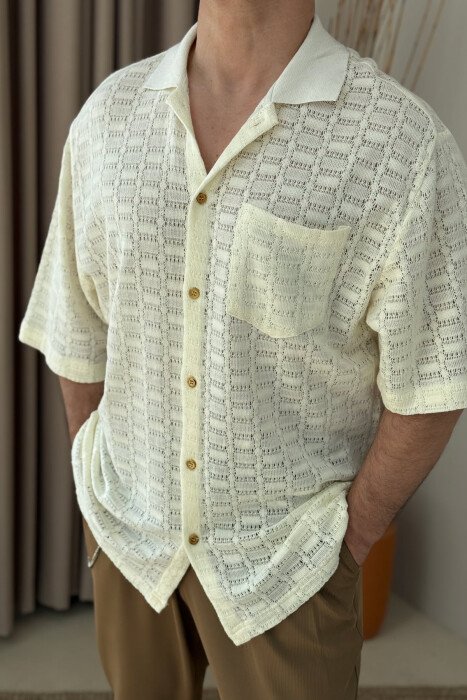 SINGLE POCKET DETAIL SHORT SLEEVES MEN SHIRT CREAM/KREM - 2