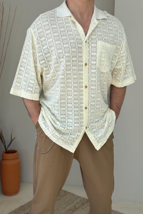 SINGLE POCKET DETAIL SHORT SLEEVES MEN SHIRT CREAM/KREM - 3