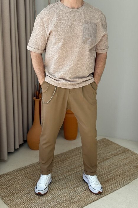 SINGLE POCKET DETAIL SIMPLE MEN T-SHIRT BEIGE/BEZHE - KLAUDIO FASHION