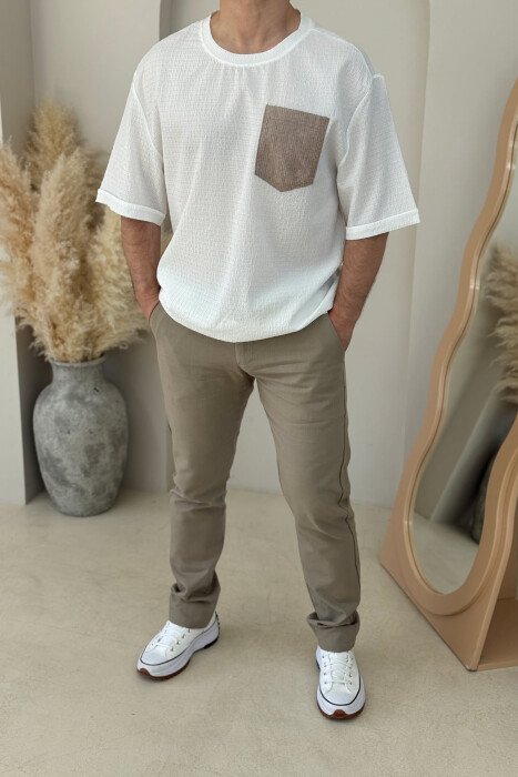 SINGLE POCKET DETAIL SIMPLE MEN T-SHIRT WHITE-E BARDHE - KLAUDIO FASHION