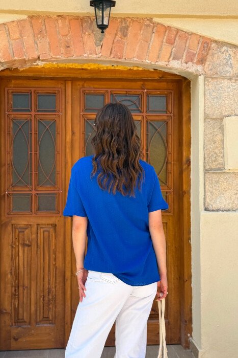 SINGLE POCKET DETAIL SIMPLE WOMEN T-SHIRT BLUE/BLU - 2