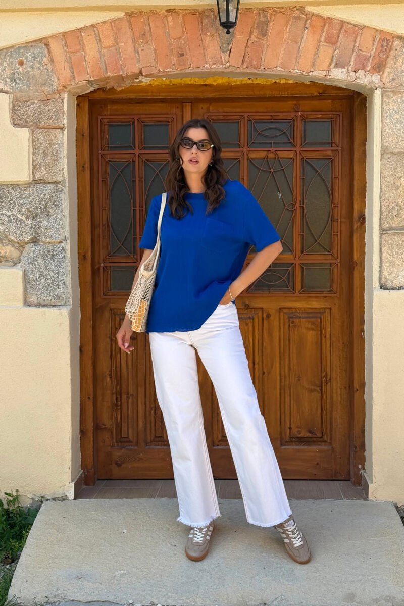 SINGLE POCKET DETAIL SIMPLE WOMEN T-SHIRT BLUE/BLU - 3