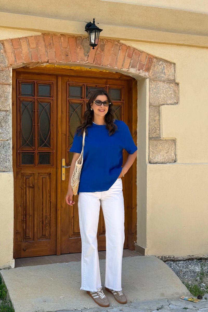 SINGLE POCKET DETAIL SIMPLE WOMEN T-SHIRT BLUE/BLU - 4