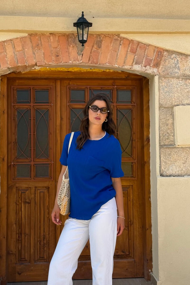 SINGLE POCKET DETAIL SIMPLE WOMEN T-SHIRT BLUE/BLU - 6