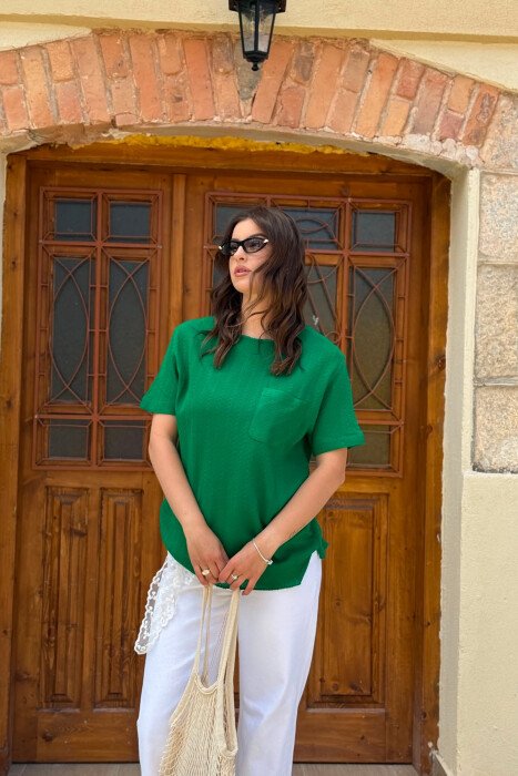 SINGLE POCKET DETAIL SIMPLE WOMEN T-SHIRT GREEN/JESHILE 