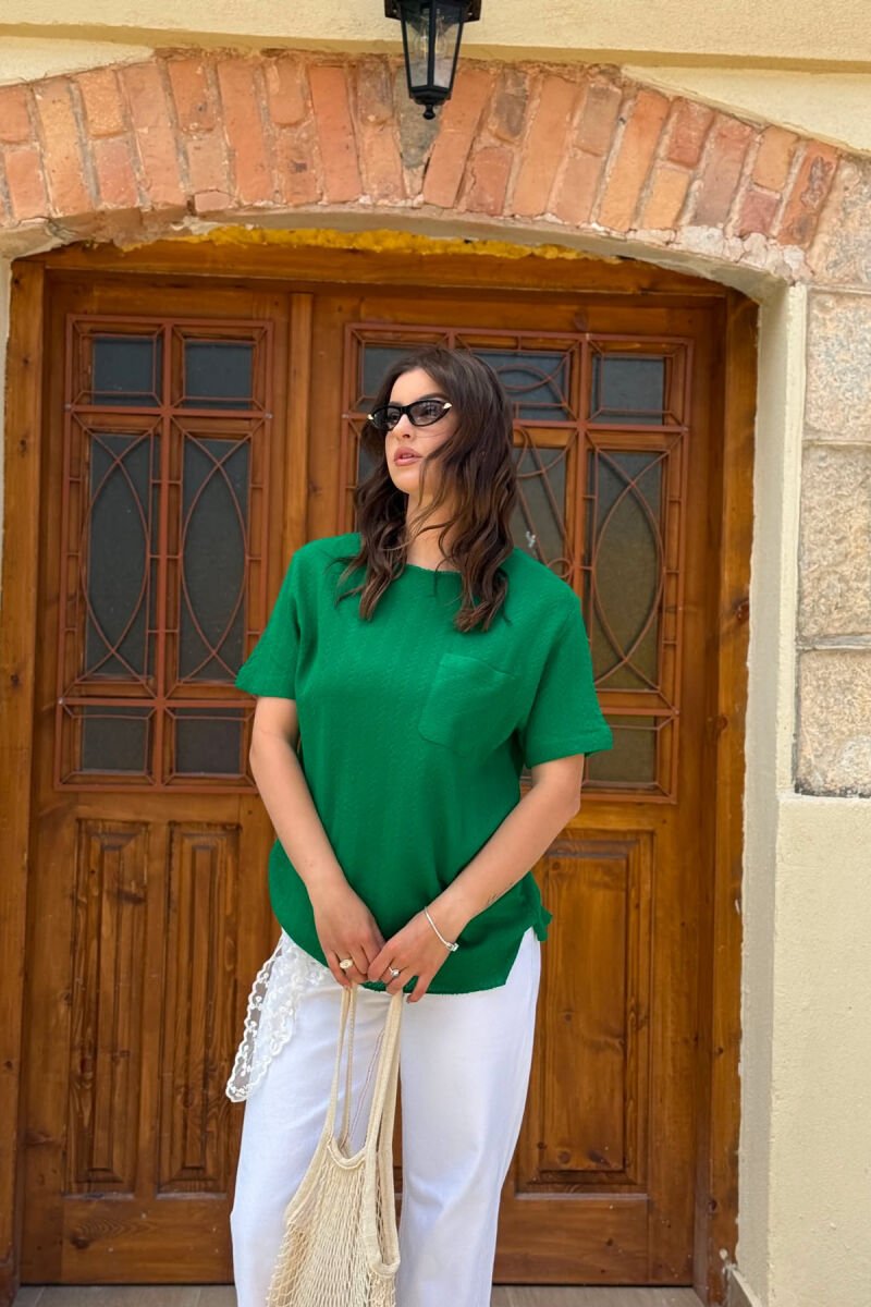 SINGLE POCKET DETAIL SIMPLE WOMEN T-SHIRT GREEN/JESHILE - 1